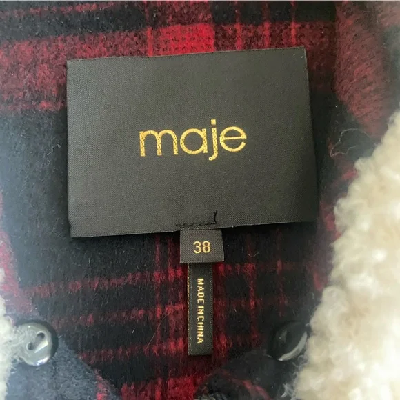 MAJE Bloppane Plaid Wool Blend Bomber Jacket FR38 US6 Red Navy Parisian Chic - Picture 3 of 11